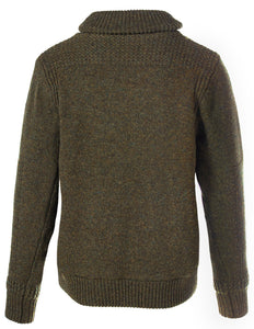 Back view of moss green shawl collar sweater jacket by Schott NYC – wool blend men's outerwear with textured shoulder and cuff detail