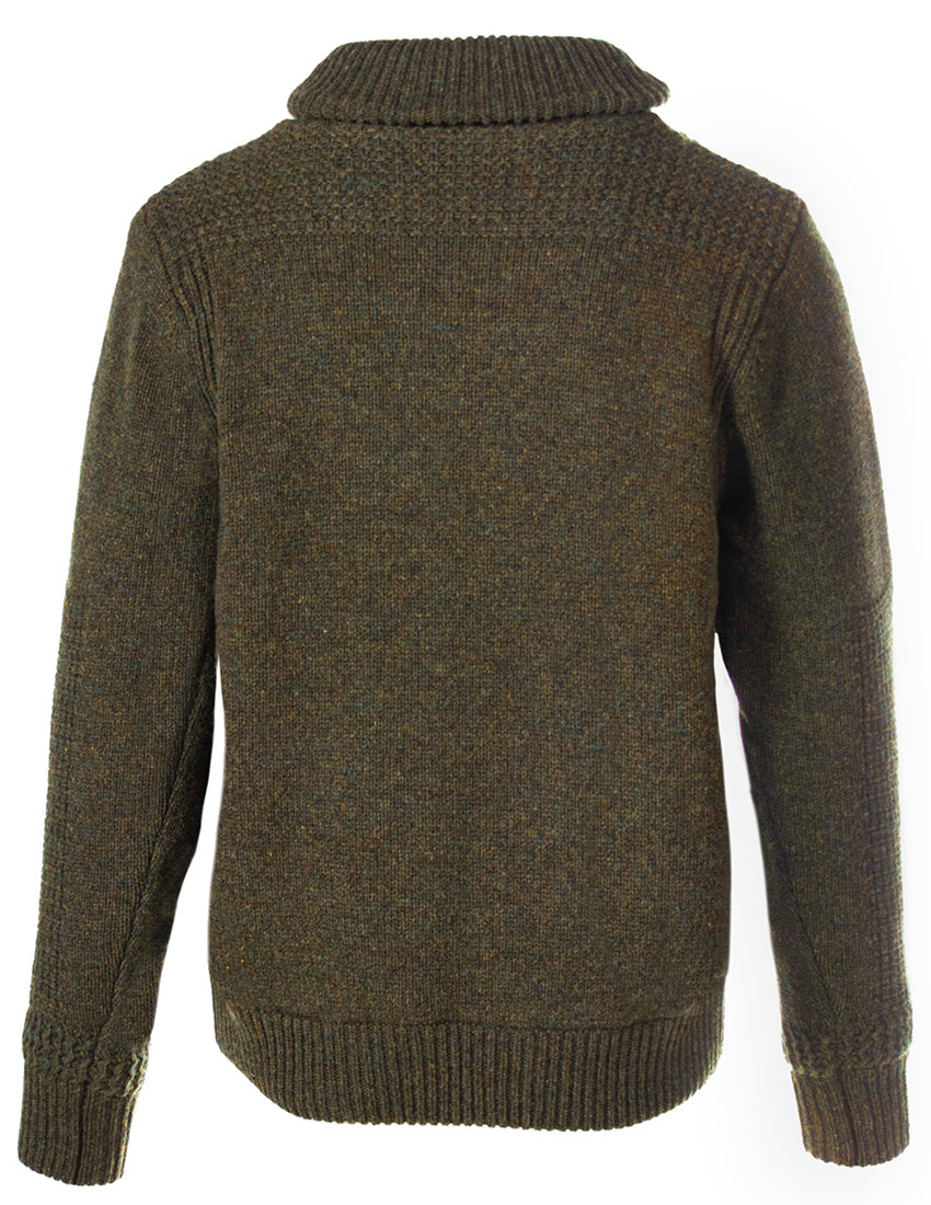 Back view of moss green shawl collar sweater jacket by Schott NYC – wool blend men's outerwear with textured shoulder and cuff detail
