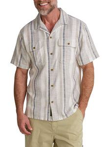 Front view men’s Howler Brothers camp collar shirt in Old Bill Stripe Limestone lightweight summer button down