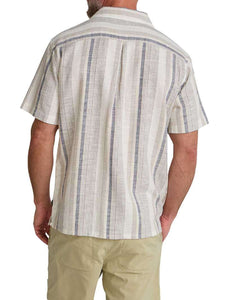 Back view of Howler Brothers Shores Club Shirt Old Bill Stripe Limestone men’s short sleeve striped cotton shirt