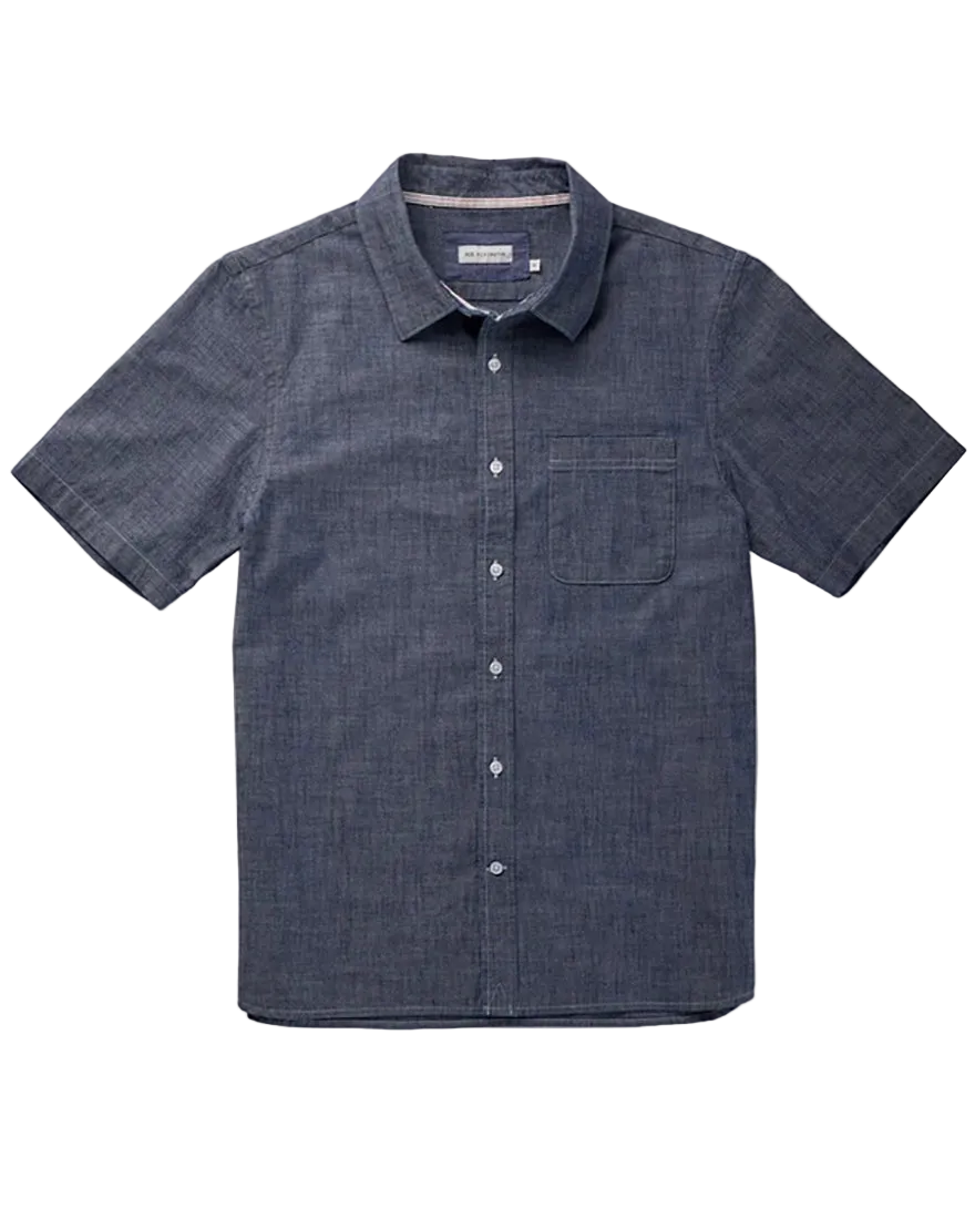 Ace Rivington S/S Tailored Shirt Surplus Chambray 6oz Indigo Rinse flat lay white background