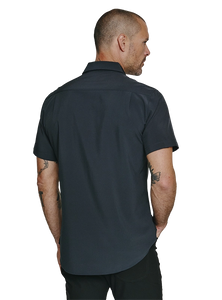 Model Wearing 7 Diamonds Siena Short Sleeve Shirt in Charcoal, rear view