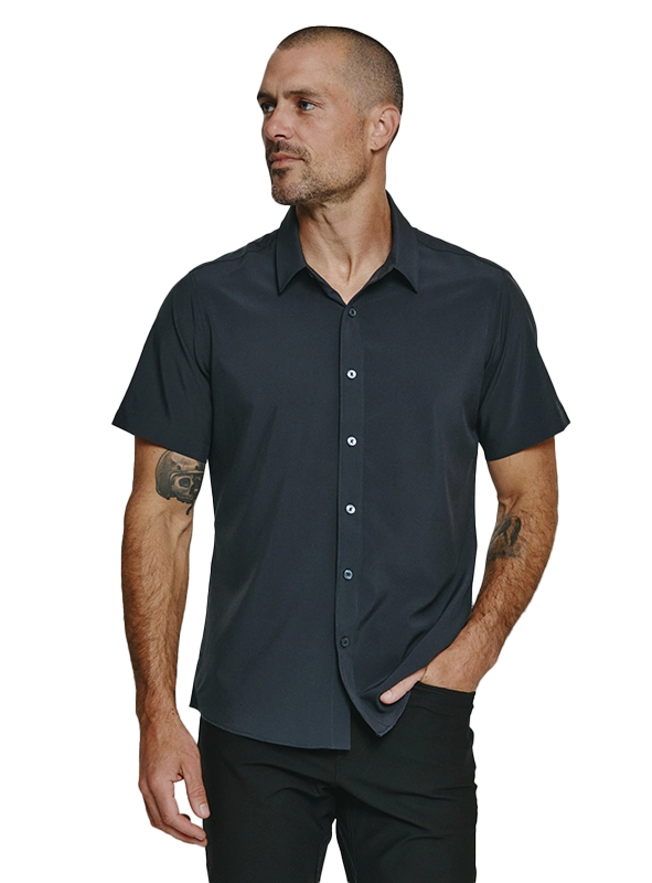 Model Wearing 7 Diamonds Siena Short Sleeve Shirt in Charcoal, Front view