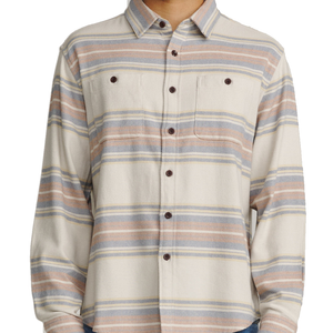 Man wearing the Sierra Flannel in Birch, front view buttoned over jeans
