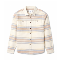 Sierra Flannel in Birch, flat lay front view showing wide cream, dusty blue and rose stripes and two button-flap chest pockets