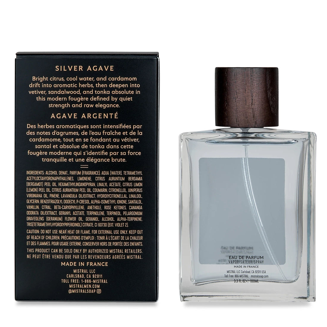 Silver Agave Eau de Parfum back label with ingredient list and Mistral branding