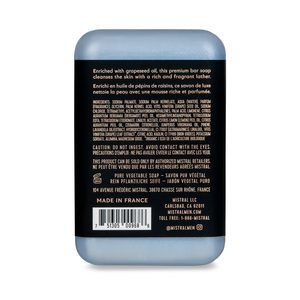 Back of the Silver Agave men's bar soap showing grapeseed oil callout and ingredient list, made in France