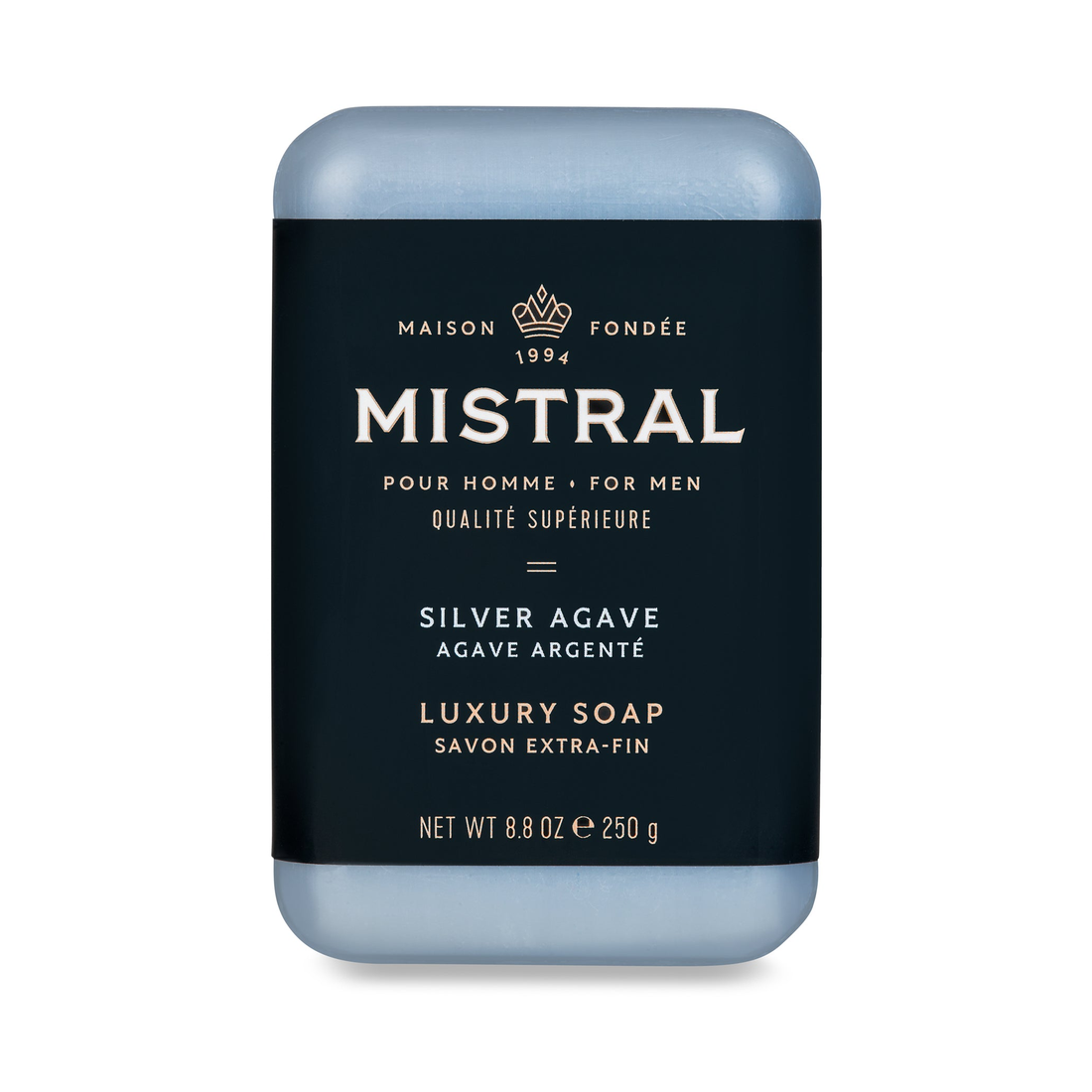 Silver Agave luxury bar soap for men, front of the 8.8 oz blue bar in its black label wrap