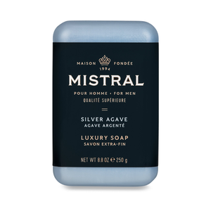Silver Agave luxury bar soap for men, front of the 8.8 oz blue bar in its black label wrap