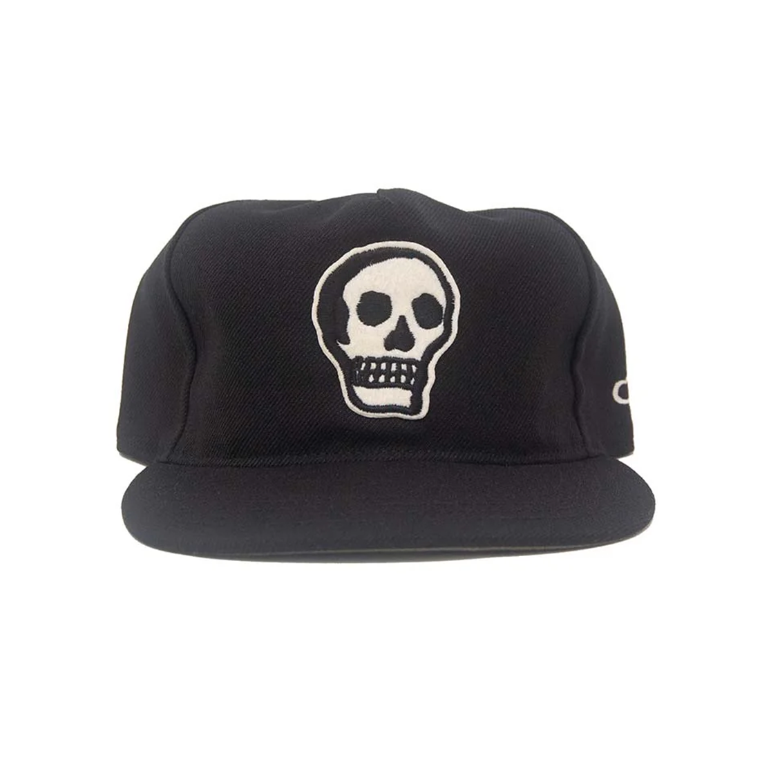 Black stadium serge snapback hat with embroidered skull patch, The Skull II, front view