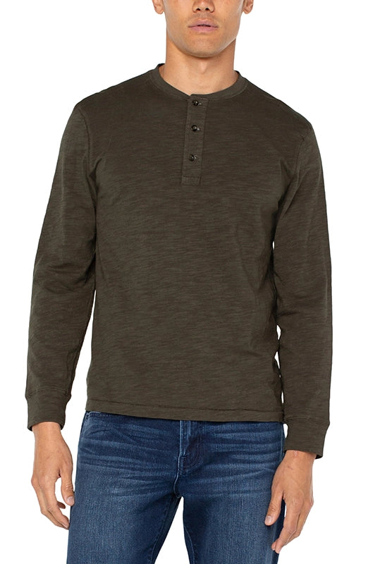 Liverpool Slub Henley shirt in Military Green, Front View