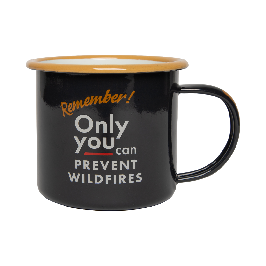 Back of the navy enamel mug printed 'Remember! Only you can prevent wildfires.'