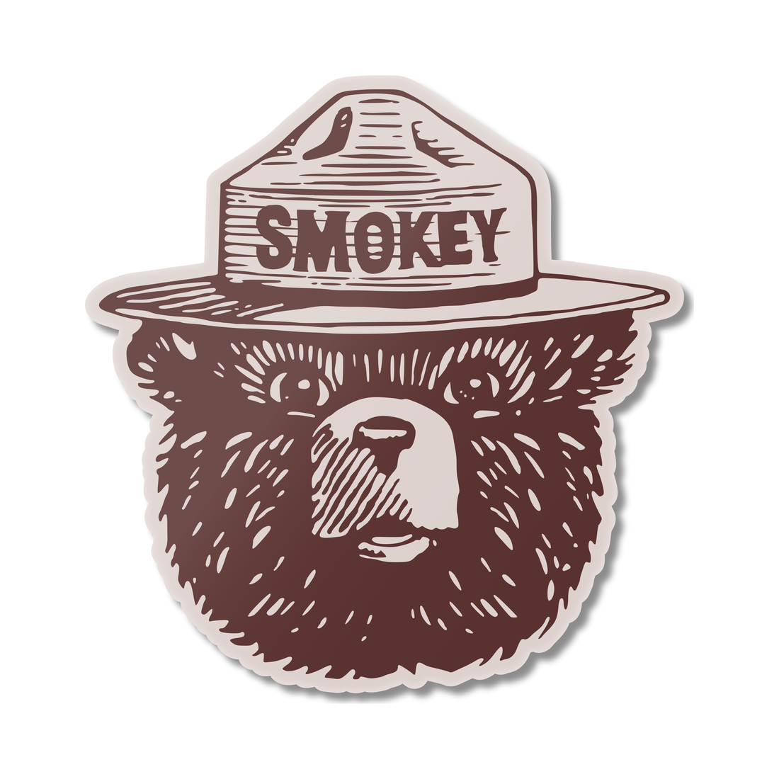 Die-cut Smokey Bear head magnet with ranger hat reading Smokey, in brown and cream