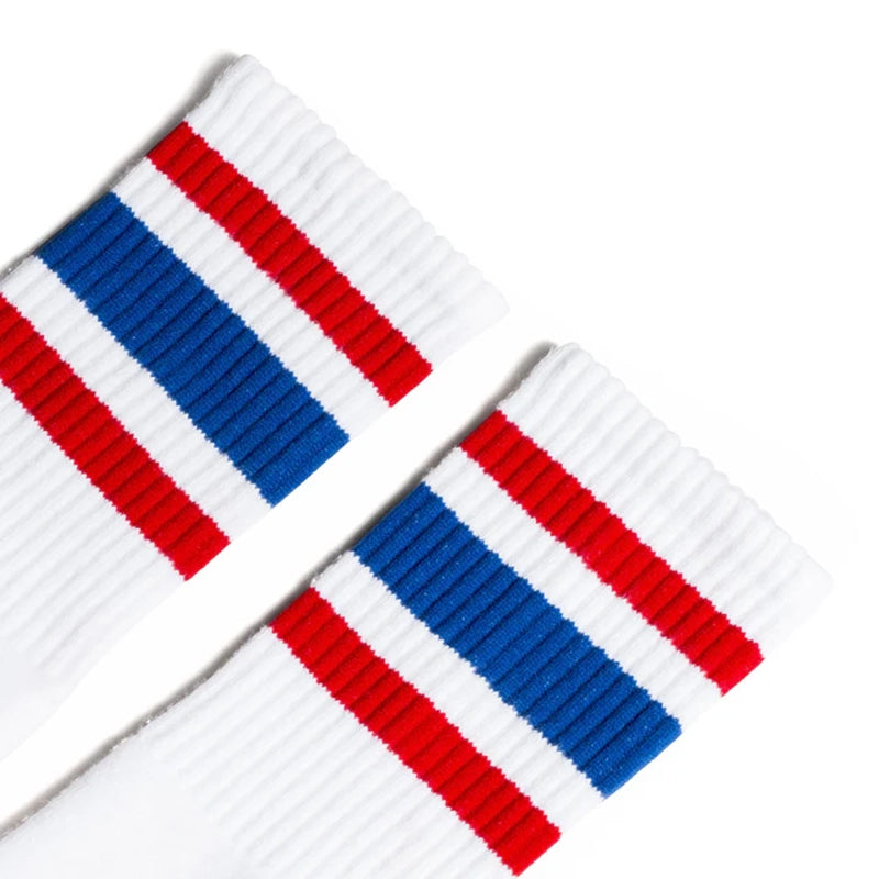 Socco all American socks, white with Red and Blue stripes close up view