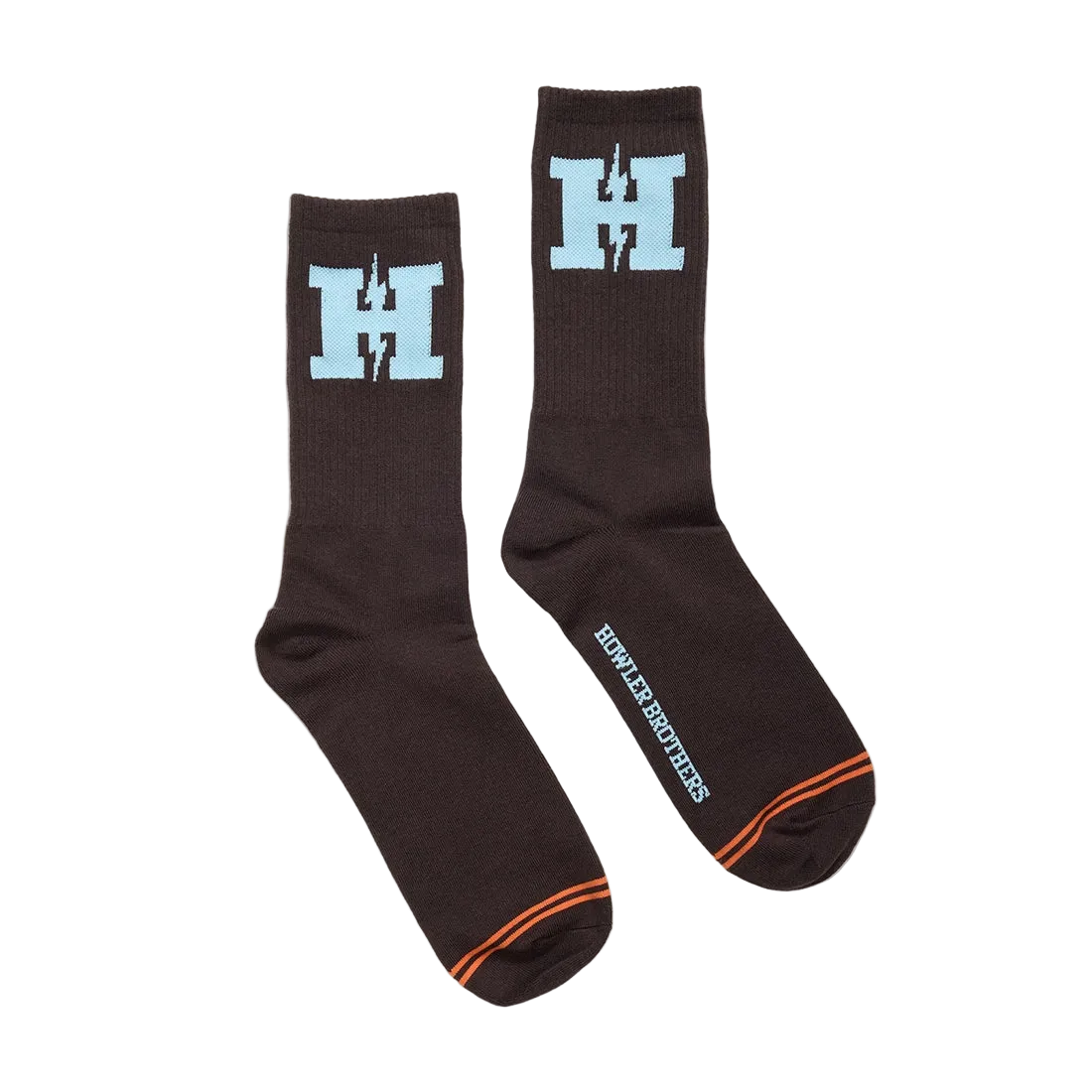 H-Bolt Socks in Brown and Light Blue laid flat, dark brown crew socks with light blue H Bolt logo and Howler Brothers script on the sole -- The Simple Man