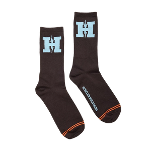 H-Bolt Socks in Brown and Light Blue laid flat, dark brown crew socks with light blue H Bolt logo and Howler Brothers script on the sole -- The Simple Man
