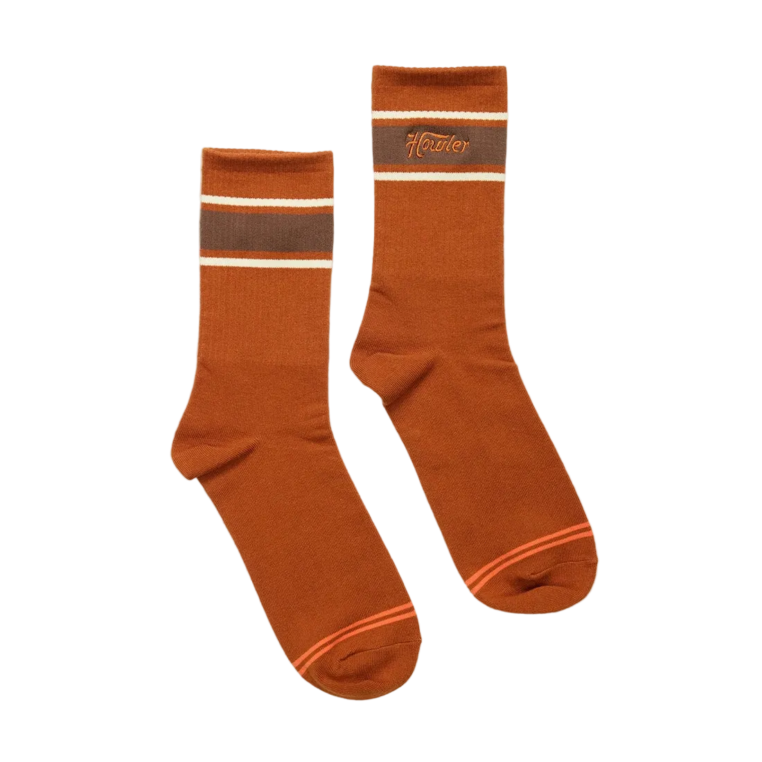 Howler Script Socks in Burnt Orange laid flat, rust orange crew socks with brown and cream stripe and Howler wordmark -- The Simple Man
