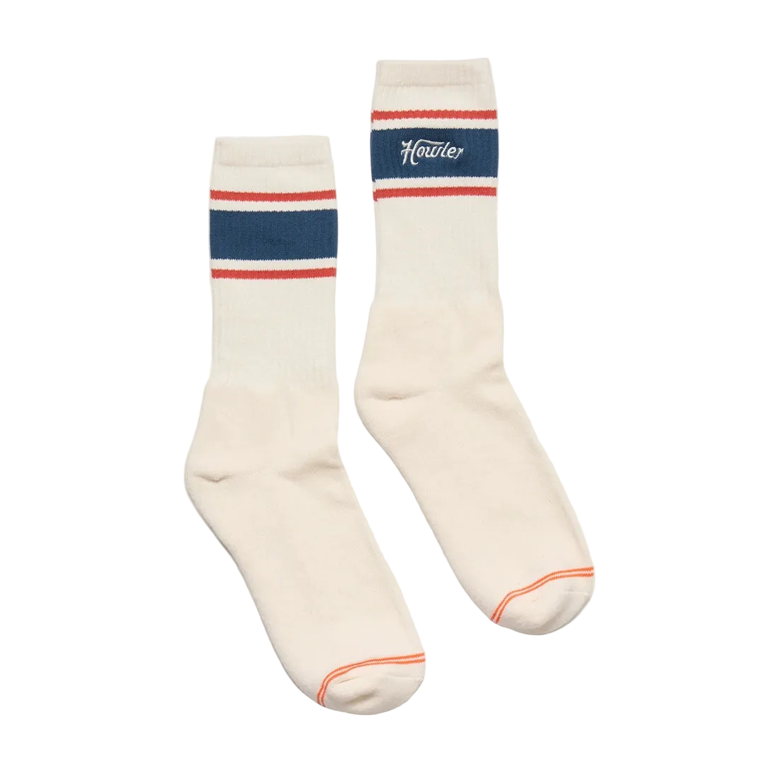 Howler Script Socks in White laid flat, cream crew socks with navy and red stripe and Howler script wordmark -- The Simple Man