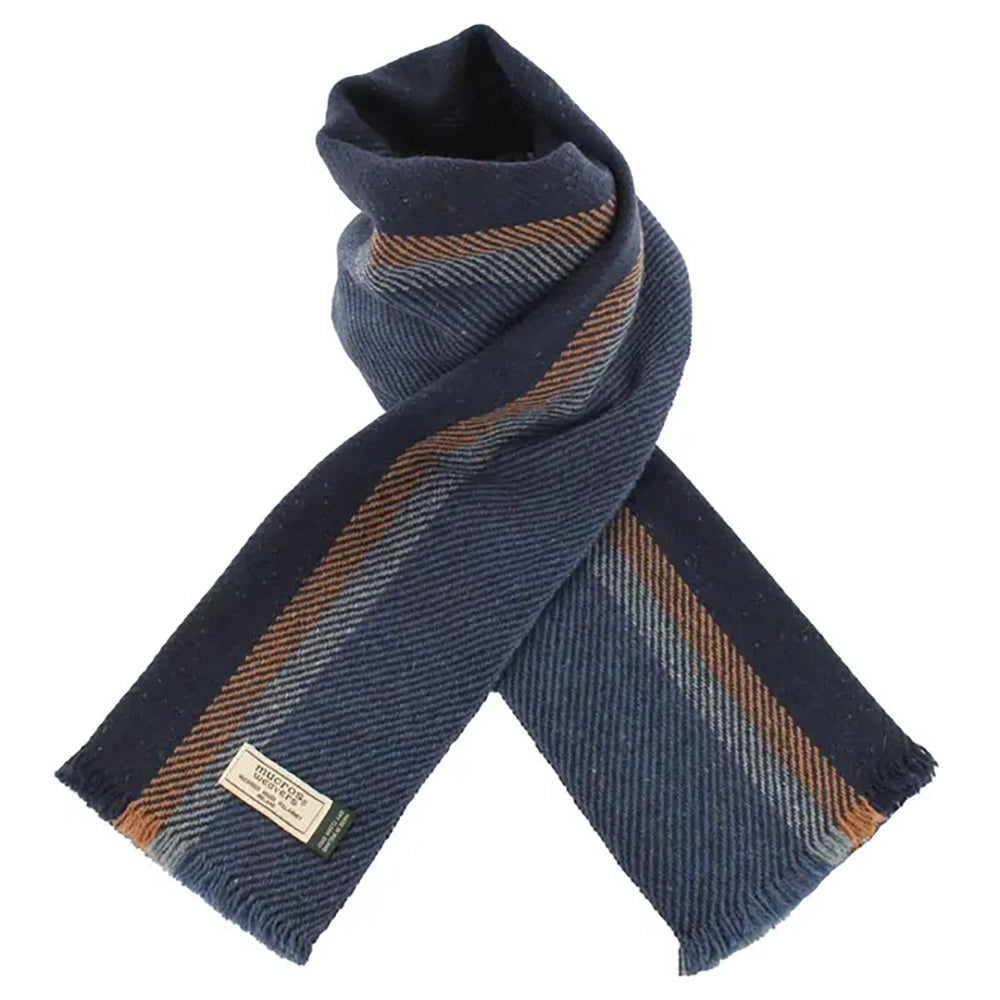 Navy Donegal wool scarf with tan and gray accent stripes, showcasing the classic flecked Irish wool texture