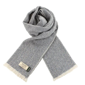 Light blue and white herringbone Donegal wool scarf with fringe ends, highlighting the traditional Irish woven pattern