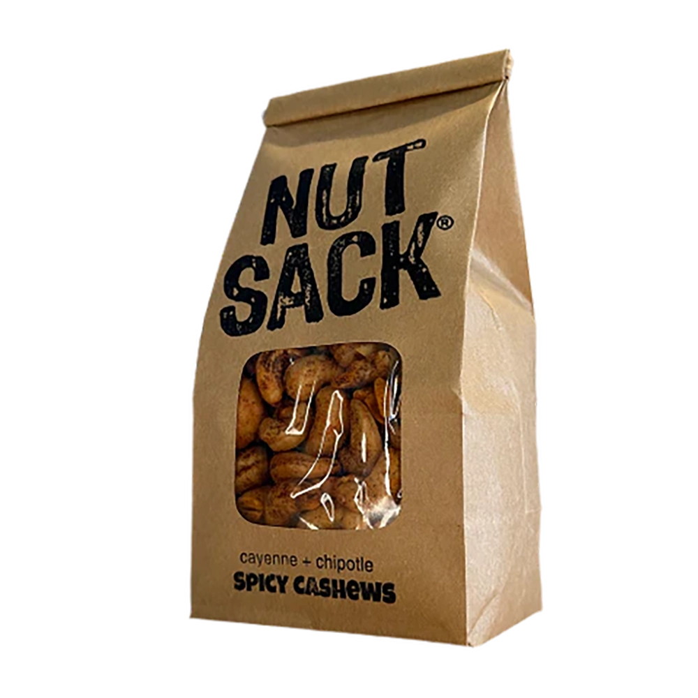 Kraft paper bag labeled 'Nut Sack' with spicy cashews on a white background 12oz