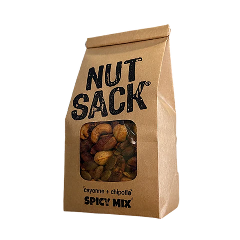 Kraft paper bag labeled 'Nut Sack' with a spicy mix of nuts on a white background 12 oz