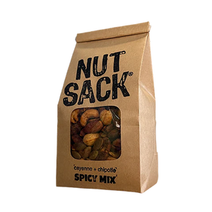 Kraft paper bag labeled 'Nut Sack' with a spicy mix of nuts on a white background 12 oz