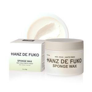 Sponge Wax jar next to its box, matte finish hair wax, front view