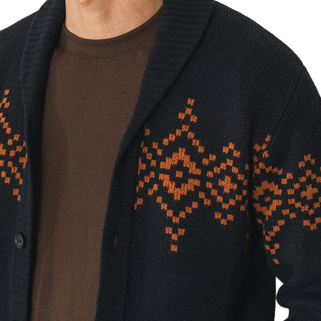 Sprague cardigan in Highland Dusk worn open over a brown tee, detail of the shawl collar and geometric knit band - The Simple Man