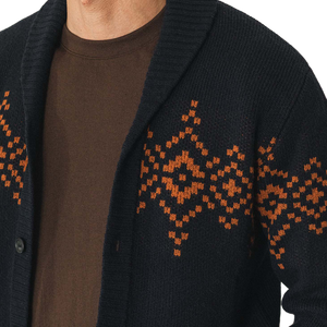 Sprague cardigan in Highland Dusk worn open over a brown tee, detail of the shawl collar and geometric knit band - The Simple Man