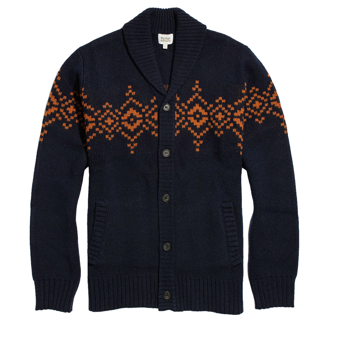 Sprague shawl collar cardigan in Highland Dusk, navy wool blend knit with a burnt orange geometric band, button front and welt pockets, flat lay - The Simple Man