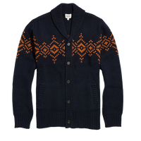 Sprague shawl collar cardigan in Highland Dusk, navy wool blend knit with a burnt orange geometric band, button front and welt pockets, flat lay - The Simple Man