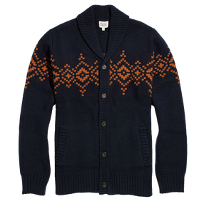 Sprague shawl collar cardigan in Highland Dusk, navy wool blend knit with a burnt orange geometric band, button front and welt pockets, flat lay - The Simple Man