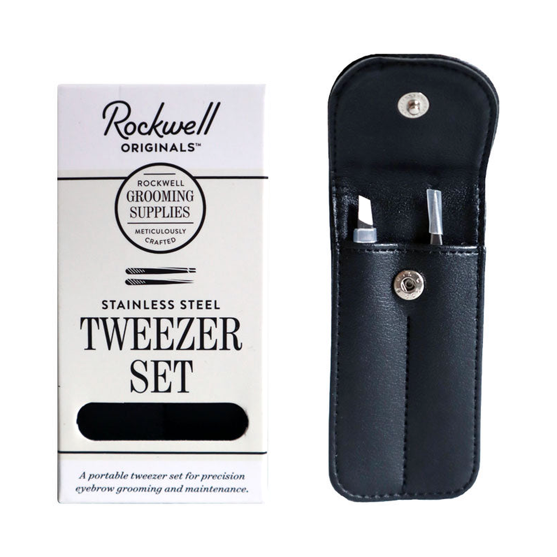 Stainless steel tweezer set in a black vegan leather snap case beside its retail box