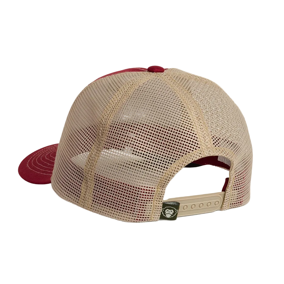 Back view of the Howler Electric Standard Hat in Burgundy, burgundy and tan mesh trucker cap showing adjustable strap -- The Simple Man