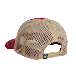 Back view of the Howler Electric Standard Hat in Burgundy, burgundy and tan mesh trucker cap showing adjustable strap -- The Simple Man