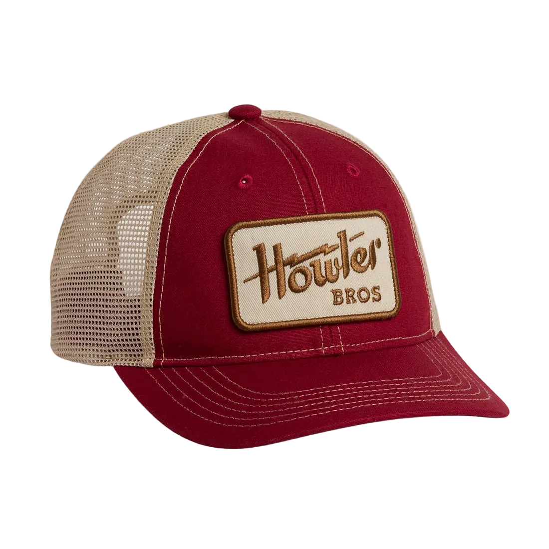 Howler Electric Standard Hat in Burgundy, burgundy and tan mesh trucker cap with Howler Bros logo patch, front view -- The Simple Man
