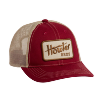 Howler Electric Standard Hat in Burgundy, burgundy and tan mesh trucker cap with Howler Bros logo patch, front view -- The Simple Man