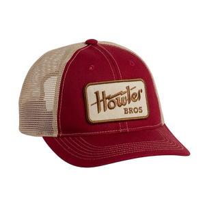 Howler Electric Standard Hat in Burgundy, burgundy and tan mesh trucker cap with Howler Bros logo patch, front view -- The Simple Man