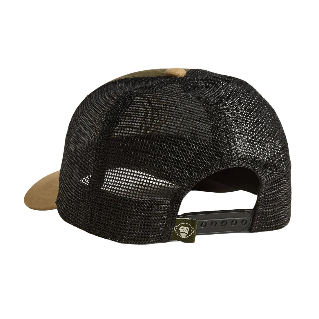 Back view of the El Mono Standard Hat in Army/Khaki showing mesh panels, snapback closure, and Howler Brothers tag.