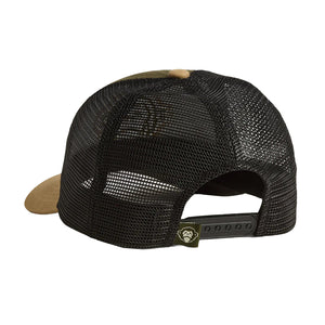 Back view of the El Mono Standard Hat in Army/Khaki showing mesh panels, snapback closure, and Howler Brothers tag.