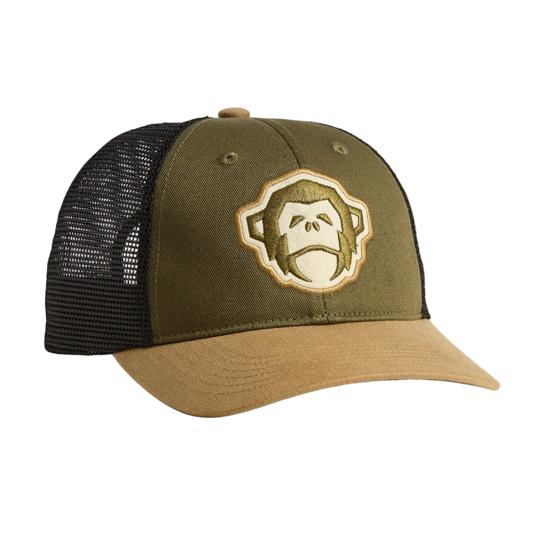Front view of the El Mono Standard Hat in Army/Khaki with embroidered Howler Brothers logo and arched brim.
