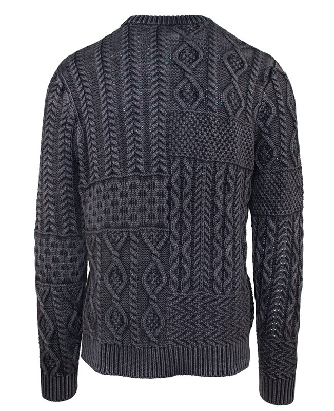 Schott NYC Stonewashed cotton crewneck sweater with patchwork weave in charcoal color, rear  side view