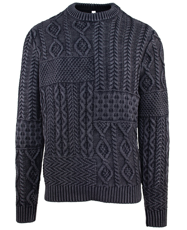 Schott NYC Stonewashed cotton crewneck sweater with patchwork weave in charcoal color, front side view
