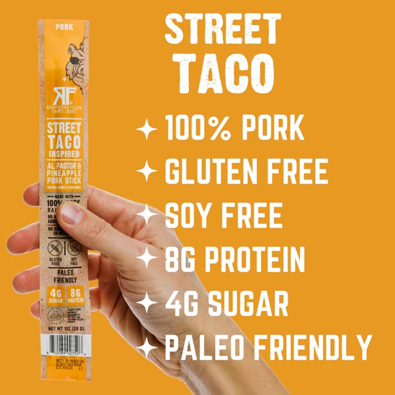 Righteous Felon Street Taco Snack Stick info graphic details benefits