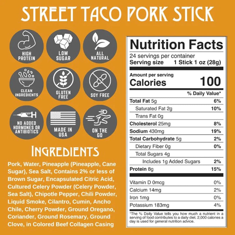 Righteous Felon Street Taco Snack Stick Nutritional Info Graphic chart