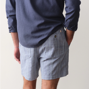 Marine Layer Saturday Beach Short 6 inch blue detail showing elastic Saturday waist and drawstring
