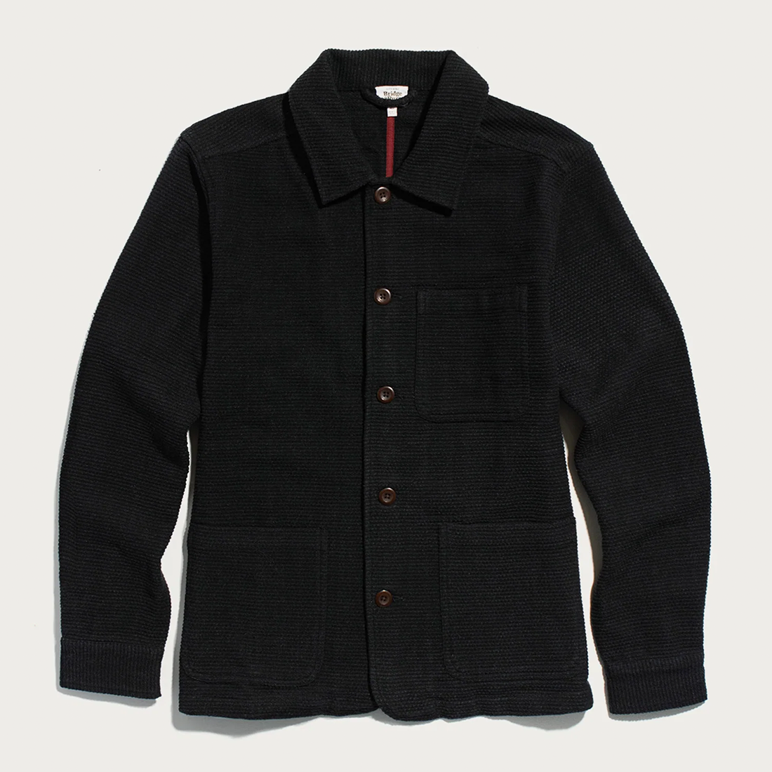 Studio Chore Coat in Washed Black flat lay front view, textured dobby weave with patch pockets - The Simple Man