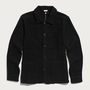 Studio Chore Coat in Washed Black flat lay front view, textured dobby weave with patch pockets - The Simple Man