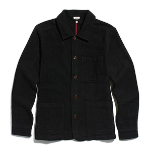 Studio Chore Coat in Washed Black flat lay front view, textured dobby weave with patch pockets - The Simple Man